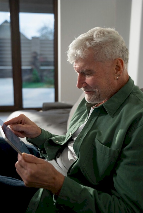 Elderly man with grey hair. He is wearing a green shirt and sitting down examining his tablet - Image by freepik