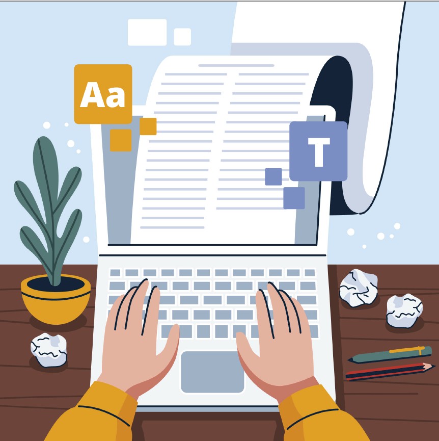 Two hand typing on a laptop with reams of type on paper being produced from the screen.